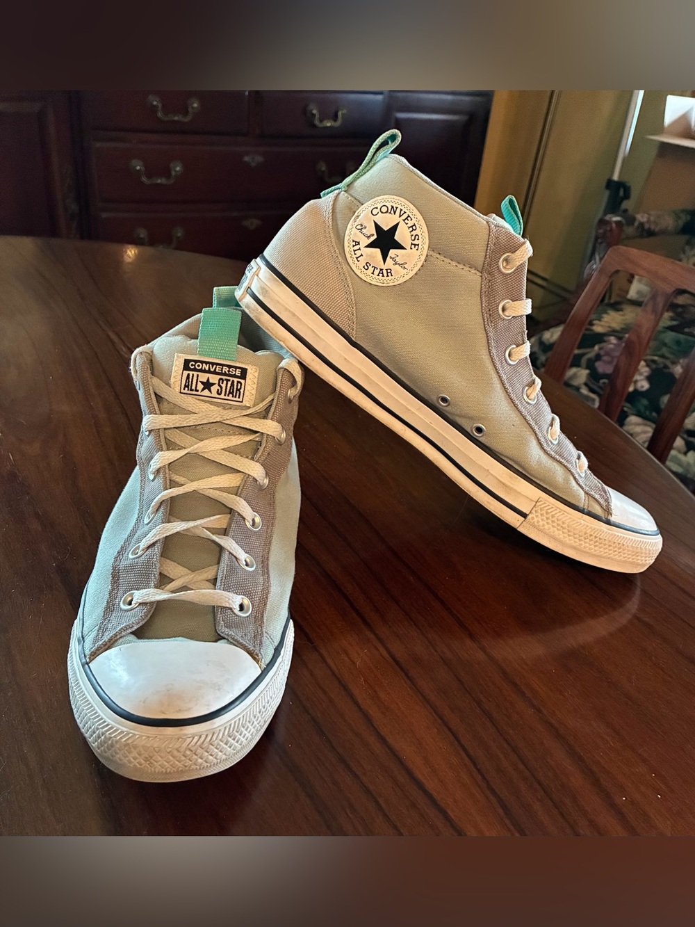 Converse Men’s All Star High-Top Sneakers in Light Gray with Teal Pull Tab